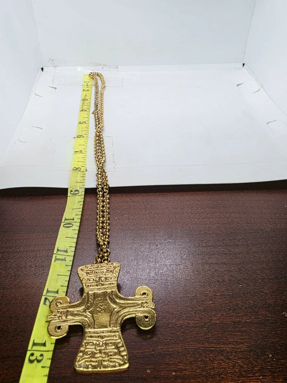 Vintage MMA Peruvian Chavin Cross Pendant Chain Necklace Zoomorphic Gold Tone